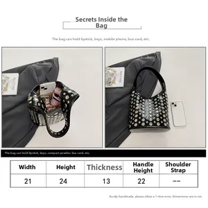 Size chart showing dimensions of the vintage rivet bucket bag with interior capacity details