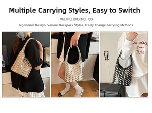 Detailed view of fashionable rivet bucket bags in beige, white and black colors