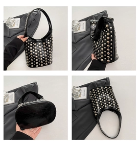 Detailed views of a black punk style bucket bag with silver metal studs and embroidery