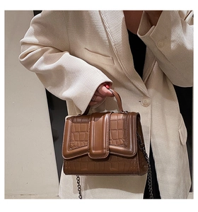 Borsa a mano marrone coccodrillo con catena indossata su un blazer in velluto beige