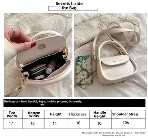 Size chart showing 18cm cream mini crossbody bag dimensions and interior storage capacity
