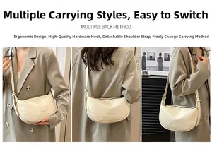 Detailed views of white lychee leather crescent bag with adjustable golden hardware strap