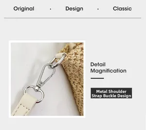 Detail of silver hardware lobster clasp and light beige leather strap on woven handbag