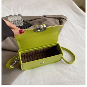 Détail du sac boîte vert montrant le fermoir en fleur et la doublure intérieure rayée
