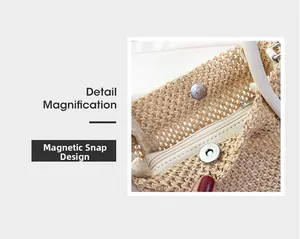 Detail view of woven bag with silver magnetic snap buckle and leather trim