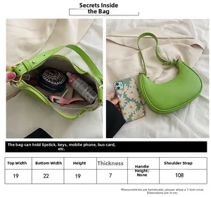 Size chart and capacity detail of the green crescent moon shoulder bag with dimensions