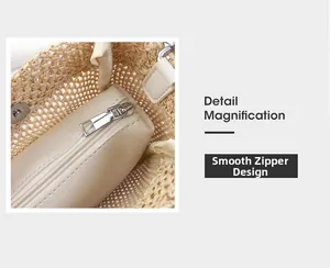 Detail magnification showing the smooth silver zipper design and inner lining of the woven bag