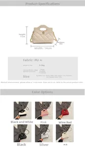 Detailed view of quilted mini chain bag with floral clasp and size specifications