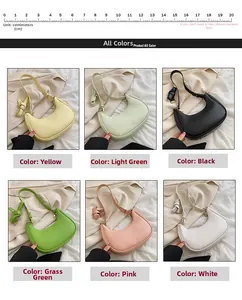Detail view showing six color options for the crescent moon shoulder bag in a grid layout