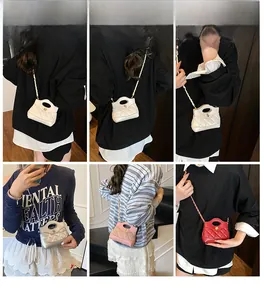 Detail of mini quilted crossbody bags with chain straps in multiple colors worn by a model