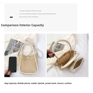 Detail view of woven mesh tote bag with beige leather trim and inner pouch set