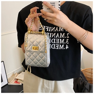 Close-up of silver quilted crossbody bag featuring a gold twist lock and chain strap