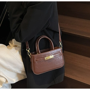 Detail of brown crocodile pattern small square bag with golden metallic lock and hardware