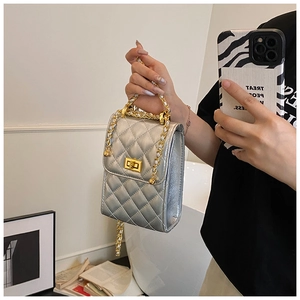 Detailed view of silver quilted crossbody bag with gold chain strap and metal clasp