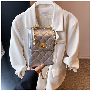 Close-up of quilted silver mini crossbody bag with gold chain strap and metal turn-lock