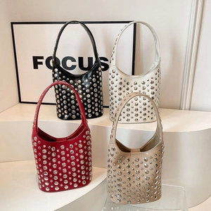 Women PU Leather Hobo Bag With Silver Metal Rivets Vintage Punk Style Shoulder Handbag For Daily Fashion