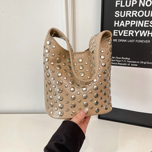 Retro khaki rivet bucket bag in glossy PU leather with silver studs and top handle