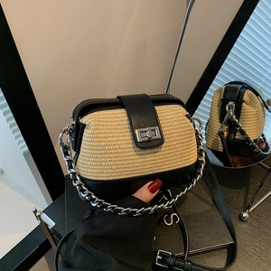 Retro straw and black leather patchwork handbag with chain strap and metal lock