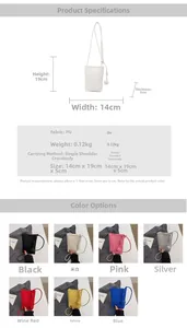 Detailed chart showing mini crossbody bag dimensions 14x19x5cm with PU texture close-up