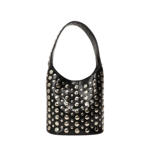Punk style black patent leather bucket bag with silver metal studs and wide handle