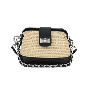 Straw and black leather patchwork handbag with silver lock and chain strap for women