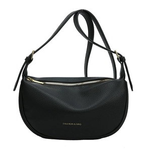 Minimalist black crescent crossbody bag with litchi texture and gold hardware details