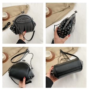 Detailansichten mit silbernen Nieten und Metallquasten an einer Vintage-Nietentasche