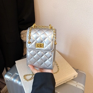 Silver quilted mini crossbody bag with gold hardware chain strap for fashion outings