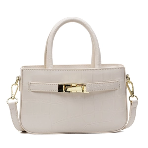 Chic off-white crocodile embossed rectangular handbag with gold buckle and shoulder strap