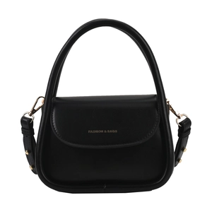 Black PU leather half-round handbag with gold lettering and adjustable shoulder strap