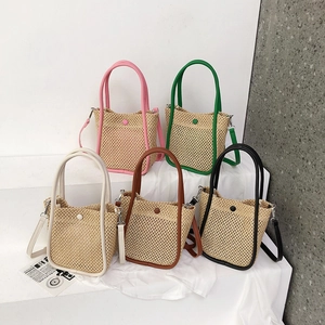 Women Woven Straw Bucket Bag Summer Beach Casual Vacation Handheld Shoulder Crossbody Purse PU Leather Trim French Style