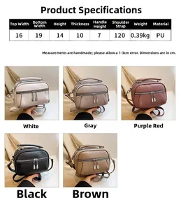 Detailed size specifications and material chart for the multi-layer leather crossbody bag