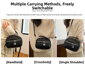 Detailed views of women's black pebble leather crossbody bag with three carrying styles