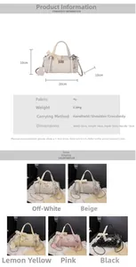 Detail of quilted barrel bag featuring chain strap, lace bow, and 20cm size specifications