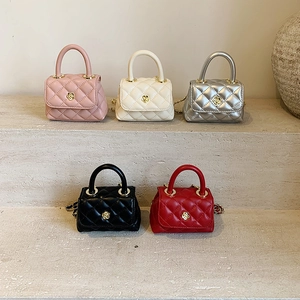 Mini Kids Crossbody Bag PU Quilted Diamond Lattice Gold Flower Lock Handbag For Girls Fashionable Elegant
