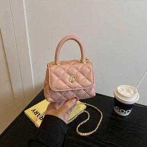 Pink quilted mini handbag with golden camellia buckle and elegant chain strap for girls