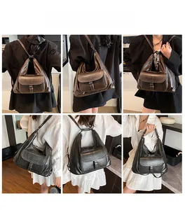 Versatile retro hobo backpack shown as a handbag and shoulder bag in three functional ways