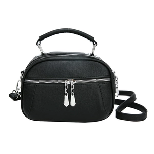 Classic black pebbled leather crossbody bag with multiple zippers and silver hardware