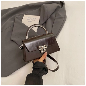 Detail of dark brown crossbody bag with silver bow buckle and metal top handle