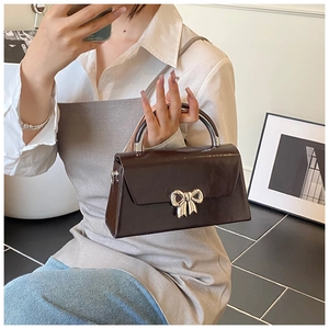 Detailed view of dark brown glossy leather bag with silver bow buckle and metal handle