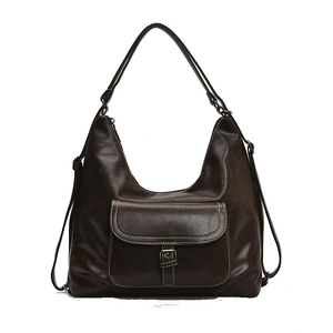 Retro dark brown leather hobo bag with contrast stitching and front buckle pocket