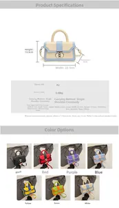 Detailed dimension chart showing size 22.5x13.5x8cm and multi-color PU handbag options