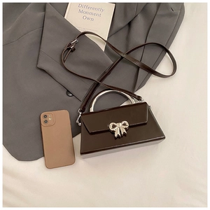 Detail of dark brown leather crossbody bag with silver bow buckle and metal handle