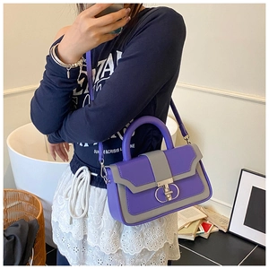 Close-up of purple and grey leather crossbody bag featuring a golden metal CD logo clasp
