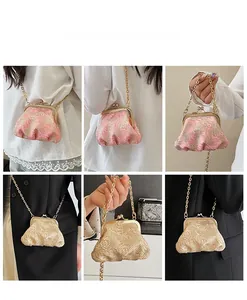 Collage of chic pleated shell bags with chain straps in pink and champagne gold hues
