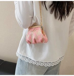 Detail of vintage pink jacquard clasp bag with gold metallic chain strap for women