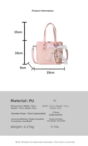 Pink woven PU handbag detail showing dimensions 19x16x9cm with lace bow and pearl charms
