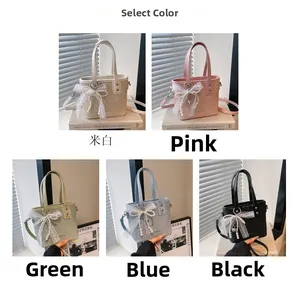 Detailed grid view of woven crossbody bags in five colors with pearl and lace bow charms
