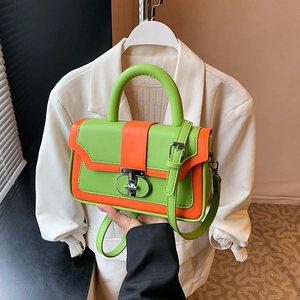Retro color-block green and orange satchel bag with silver metal lock for women