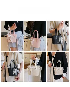 Chic tote bag with woven texture, lace pearl bow charm and long strap in three colors